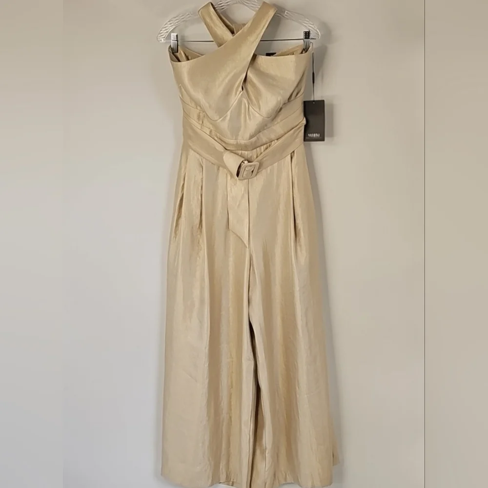 WHBM Champagne Gold Wide Leg Halter Jumpsuit wFront Pockets Cocktail Coquette - Picture 9 of 16